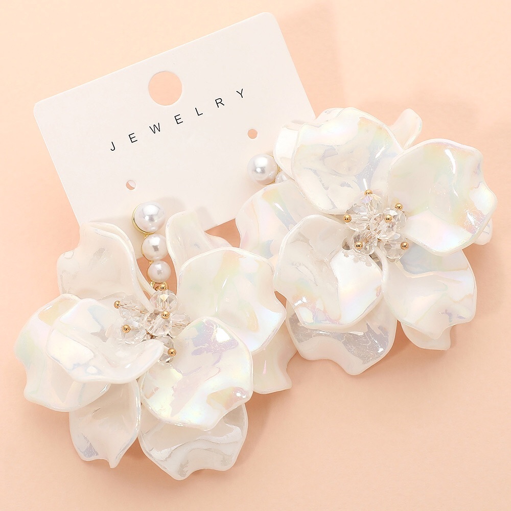 Bold White Layered Petal Floral Pearl Drop Statement Earrings
